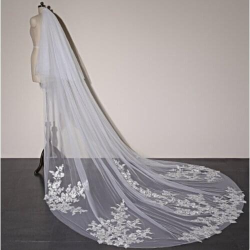 Two Tiers Long Wedding Veil, Floral Lace Veil, Soft Tulle Veil, Lace Applique Veil, Cathedral Length Veil, Chapel Veil