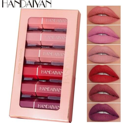 HANDAIYAN 6PCS/set Hexagon High Pigment Velvet Matte Lipstick Set Non Sticky Long Lasting Nude Lip Stick Makeup Gift Kit