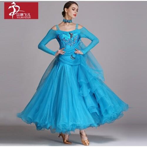 Ballroom Costume with Mesh Sleeves and Tulle Skirt Tango & Waltz Dance Competition Dress Woman Dancewear 5 Color Available A0003