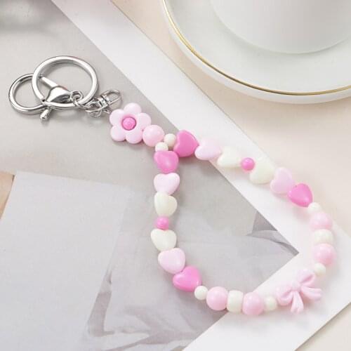 New Handmade Colorful Rope Keychain Lovely Beads Key Ring Bowknot Heart Flower Key Chain For Girls Teens Gift DIY Jewelry