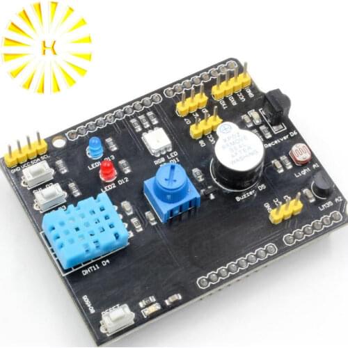 DHT11 LM35 Temperature Humidity Sensor Expansion Board Adapter For Arduino UNO R3 RGB LED IR Receiver Buzzer I2C Connector