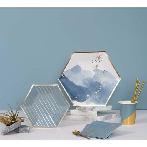 Whole Set Disposable Foil Gold Tableware Ink Graffiti Green Pink Water-blue Cup Napkiin Hexagonal Plates Birthday Party Supplies