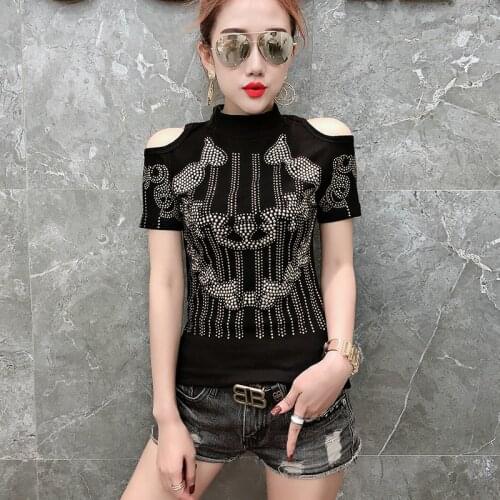 Summer Casual T-shirt Fashion Craft diamond-studded sexy Short sleeve O-neck Top Women T Shirt Plus Size M-3XL