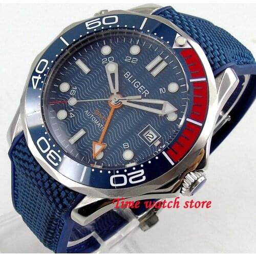 Luxury bliger 41mm mechanical watch men waterproof noble rubber canvas bracelet ceramic Bezel luminous sapphire GMT Auto B244