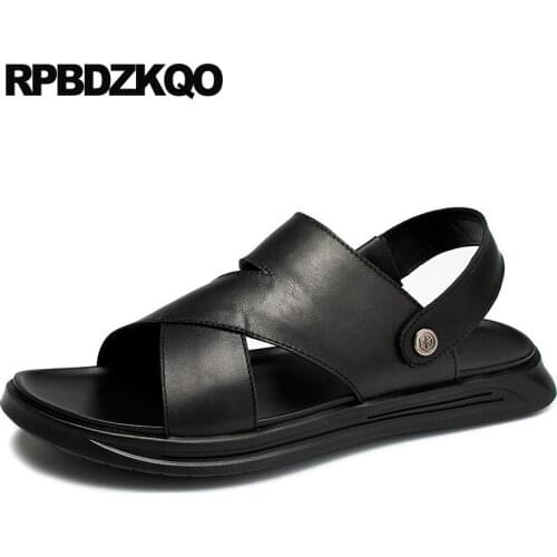 Black 2019 luxury outdoor sandals designer shoes men high quality slippers slides size 45 open toe genuine leather large beach