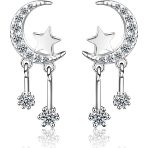 Net red trend temperament personality simple moon star snowflake shape crystal silver plated stud earrings WE035