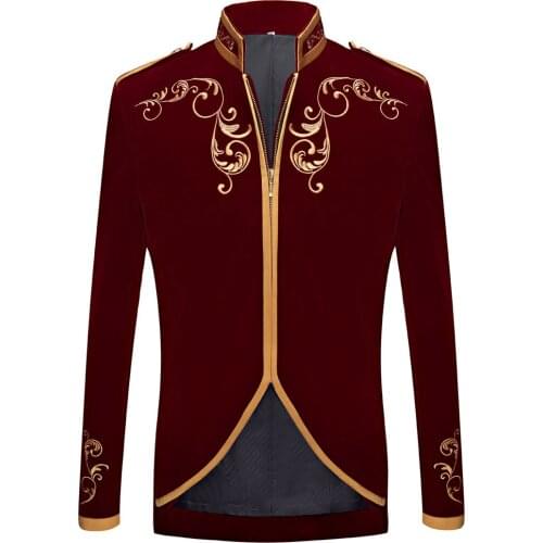 Wine Red Velvet Mens Blazer Casual Slim Stand Collar Blazers Performance Wedding Men Clothing Vintage Embroidery Homme Costume
