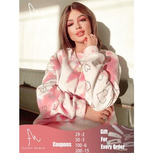 Women Sweatshirts Pink Tie Dye Rhinestone Love Print Long Sleeve Loose Hoodies Sweet Sweatshirts Casual Lady Fashion Autumn