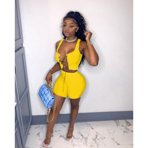 Yellow Black Sexy Vest Outfits Metal Chain Crisscross Lace Up Sleeveless Tank Crop Top+Bodycon Mini Shorts Night Party Clubwear