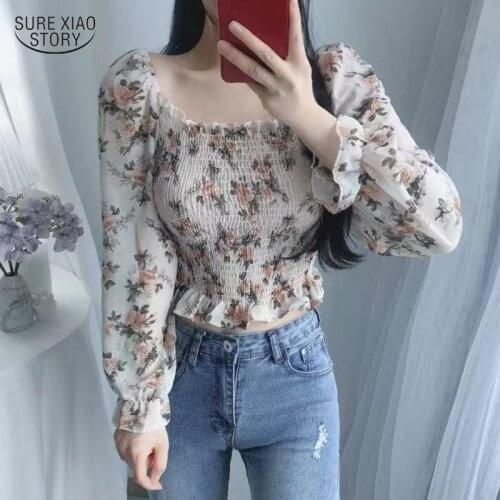 2021 Floral Korean Sexy Lady Shirt Autumn Retro Woman Blouse One-shoulder Long-sleeved Chiffon Shirt Female Camisas Mujer 15764