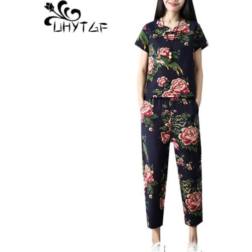 UHYTGF Women Sets Fashion print Cotton linen summer two piece set Loose high waist casual plus size pants jogging woman suit 628