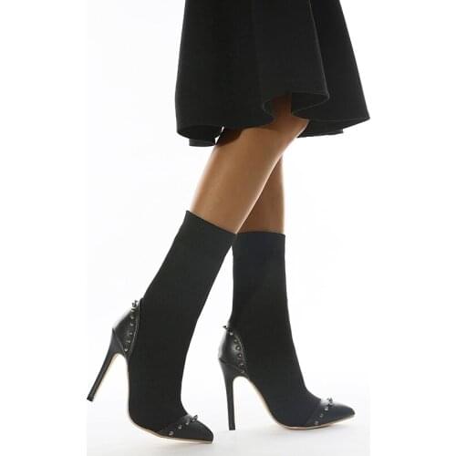 2021 New Luxury Thin Stilettos Boots Brand Women Sexy Pointed Toe Elastic Rivet High Slip On Ladies Comfortable Heel Pumps