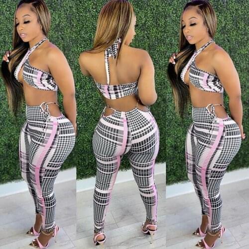 Ladies Summer Leisure Suit Women Clothes Set 2pcs Sexy Plaid Hanging Neck Backless Sleeveless Crop Top Camisole Long Pants New