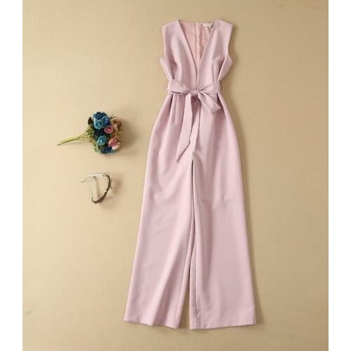 High Quality Runway Jumpsuits 2019 Summer Overalls Women Sexy Deep V-Neck Bow Belt Patchwork Straight White Pink Club Jumpsuit