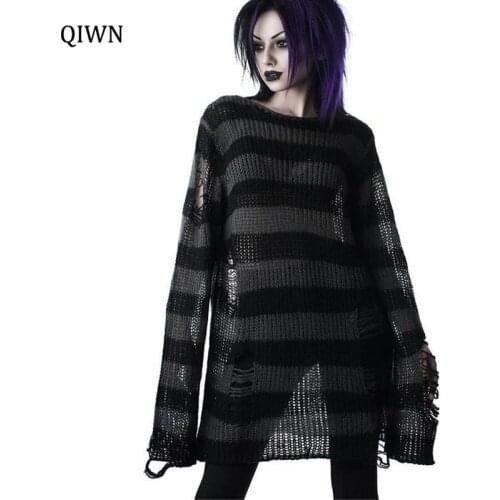 Punk Gothic Long Unisex Sweater 2021 Summer Women Striped Cool Hollow Out Hole Broken Jumper Loose Rock Thin Dark Streetwear Top