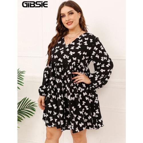GIBSIE Plus Size V Neck Casual Print Smock Dress Women Long Sleeve Autumn Chiffon Loose Sweet Ladies Mini Dresses 2021 New