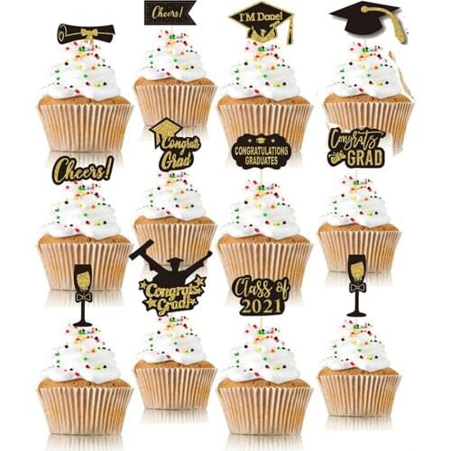 12pcs 2021 Graduation Cupcake Toppers Wrappers Congrats Grad Party Supplies Cake Birthday Decoration Presentoir A Gateau