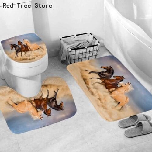3pcs Zebra Horse Printed Toilet Set Anti-slip Floor Mat Door Pad Bathroom Carpet Practical Home Bathroom Animal Image Decoration