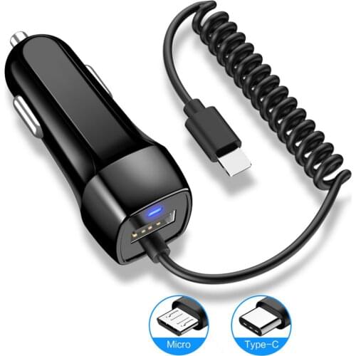 2.1A (Max) USB Car Charger With Spring USB Cable Cigarette Lighter For iPhone Cable Micor USB Car Charger Type-C Cable