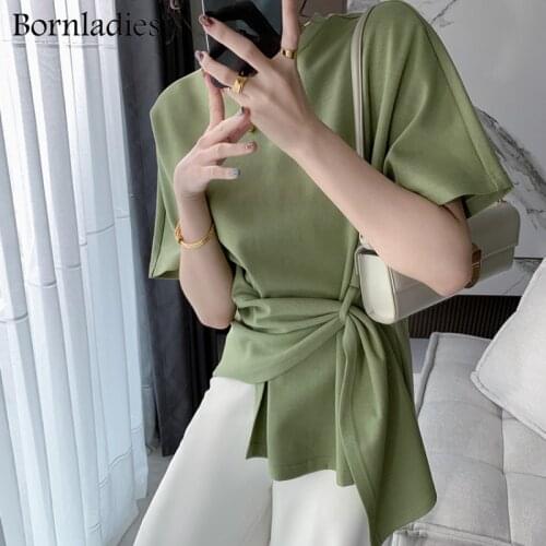 Bornladies Women Summer Irregular T-Shirt Bottoming Solid Fashionable 2021 Korean Style Lace Up Lady Loose Lacing Short Tops