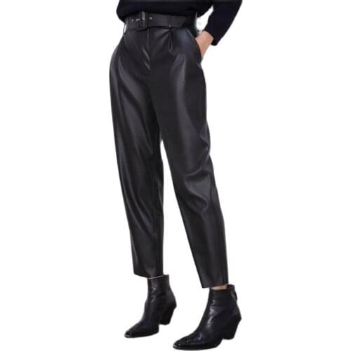 2020 Spring Autumn Women Fashion Black Hight Waist Faux Leather Suit Pants with Sashes Pockets Office Ladies PU Leather Trousers