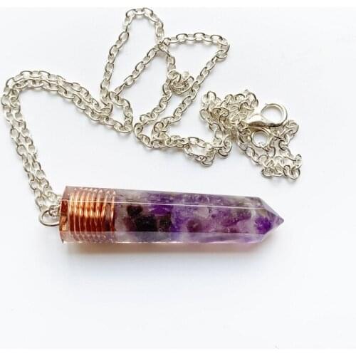 Purple Quartz Stone Orgone Pendant Natural Healing Point Pendant Hexagonal Column Pendants Orgonite Energy Necklace 1pc