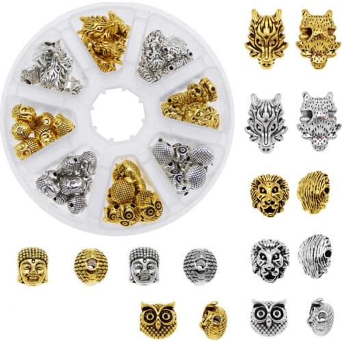 Julie Wang 80PCS/Box Mixed Buddha Lion Dragon Owl Head Beads Spacer Bead Antique Color Bracelet Jewelry Making Accessory