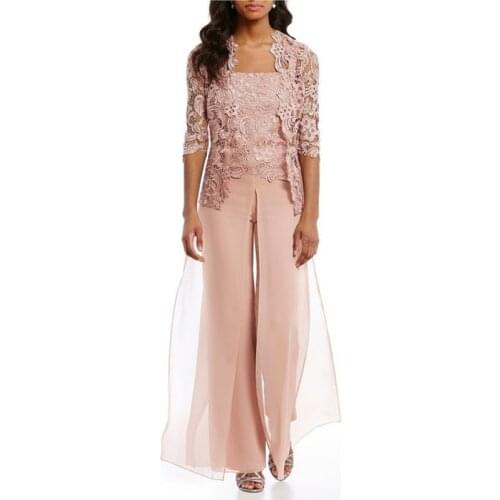 2021 Women Solid Color Pant Sets Party Sheer Half Sleeve Floral Lace Layered Mother of Bride Shawl + Pant Elegant Comfortable