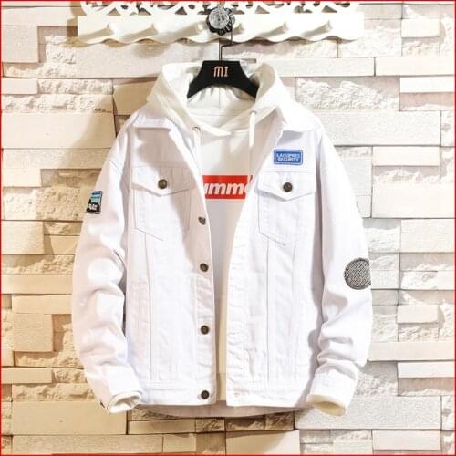Spring Autumn New White Jeans Coat Jacket Mens Korean Fashion Casual Hip Hop Jacket Streetwear Cowboy Outerwear Plus Size M-5XL