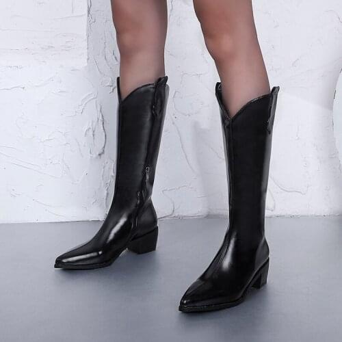 Fashion Women Knee High Boots Sexy Pointed Toe Zip Western Cowboy Boots Winter Keep Warm Motorcycle Long Boots