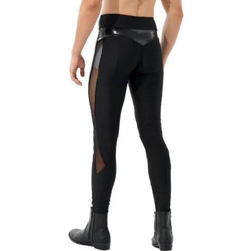 Mens Yoga Fitness Mid Waist Skinny Pants Male Clothing Long Pants Patent Leather Mesh Patchwork Leggings Sportswear