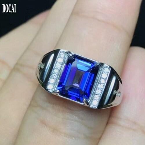 BOCAI 2020 100% real s925 pure silver jewelry tanzan blue topaz mens ring royal sapphire adjustable simple men ring