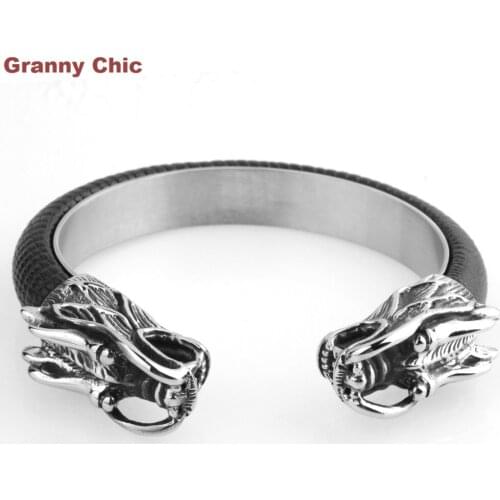 Mens Hip Hop Style High Quality Silver Stainless Steel Two Dragon Head Black Genuine Leather Cuff Bangle