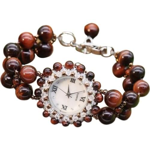 Novelty Women Quartz Bracelet Watch Wristwatch for Girls Students Gifts Nature Tigers Eye Stone Jewelry