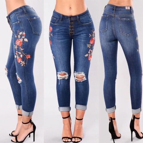 New Women Floral Embroidery Pencil Jeans Ladies Casual Ripped Hole Tassels Mid Waist Skinny Long Denim Trousers