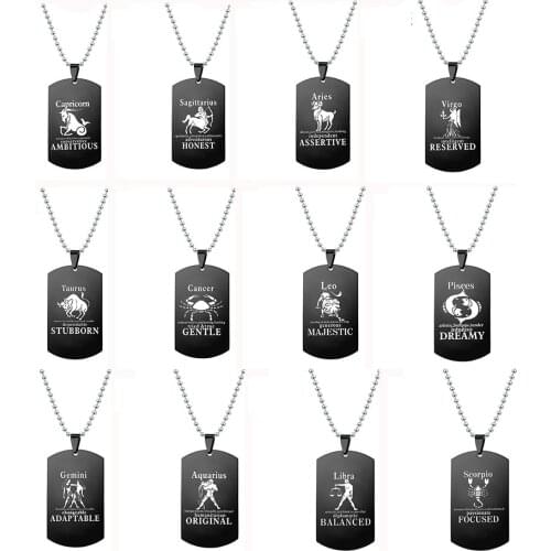 Zodiac Symbol Fish Lion Dog Tag Pendant Necklace for Men Stainless Steel Horoscope Female Male Jewelry Birthday Jewellery Gift