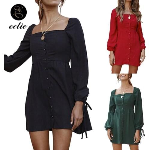Square Neck Dress Empire Waist Top Sukienka Mini Front Button Dress Party Night Robe Femme 2021 Plain Elegant Short Dress Women