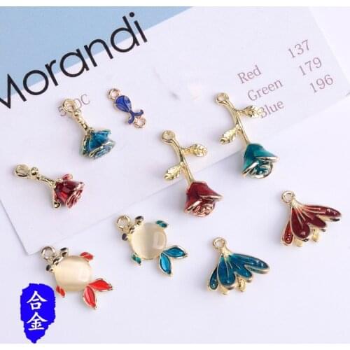 50pcs Gold Color Zinc Alloy Material Enamel Rose Flower/Fish Tale Charm Pendant for Hair DIY Handmade Jewelry Making Wholesale