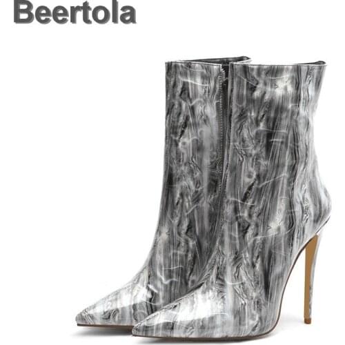 Gray Patent Leather Women Boots Winter Zipper Pink 12Cm Thin Heel Snow Boots Women Waterproof Pointed Toe Ankle Boots With Fur