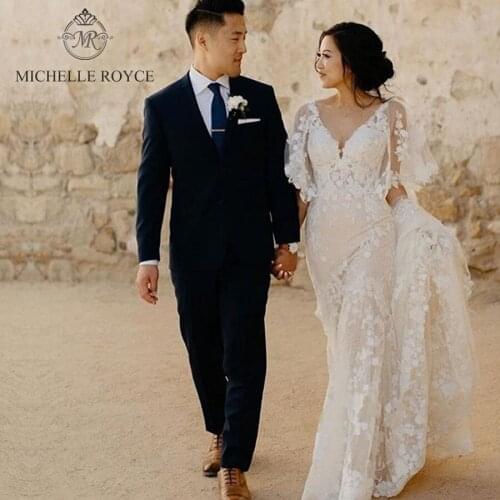 Michelle Royce Mermaid Wedding Dresses 2020 V-neck Appliques Flare Sleeve Backless Chapel Train Bridal Gowns Vestido De Noiva