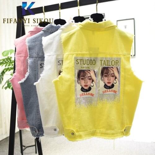 Streetwear Women Denim Vest Sleeveless Jacket Fashion Diamonds Print Jeans Vest Coat Female 2020 Spring Loose Denim Jacket Vests