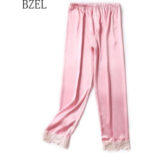 BZEL Pajama Pants Women Pink Trousers Casual Ladies Silk Satin Homewear Lace Pyjama Pants Sexy Femme Nightwear Long Pants Women