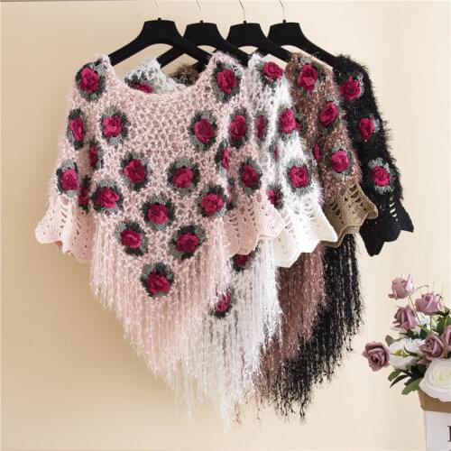 2021 new ladies autumn and winter new sweater shawl western style loose hollow tassel pullover round neck mohair knitted top