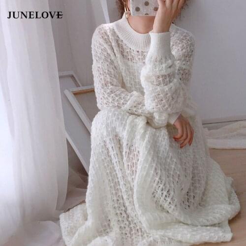 White Knitted Two Piece Outfits Set Women Pullover Short Sweater Elastic Waist A-line Skirt Korean Sweatsuits Elegant Skirt Sets