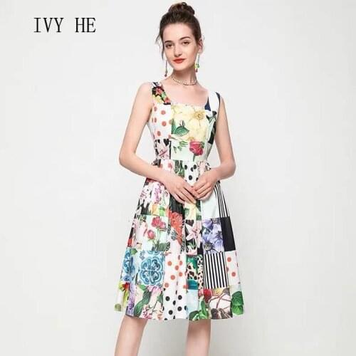 IVY HE European Station New Pattern Temperament Summer Womens Dress 2021 Slim Design Round Neck Print Suspender Vest Dresses