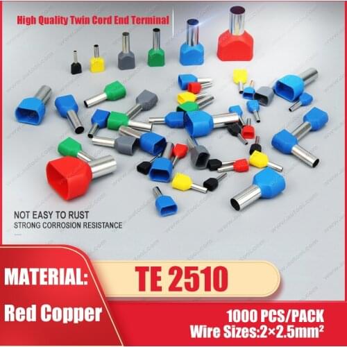 1000pcs/pack TE2510 2 X 14 AWG Twin & Dual Entry Wire & Bootlace Ferrules For 2 X 2.5mm2, 10.0mm of Pin Length