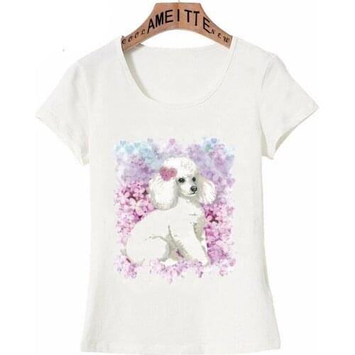 Women T Shirt White Poodle in the Lilacs Art Print T-Shirt Dog Design Casual Tops Cute Girl Tees Fashion Female Short Sleeve
