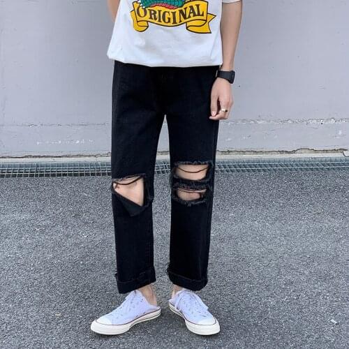 2021 Black Jeans Stretch Skinny Fit Bottom Zipper Jeans Men Knee Ripped Men Clothing Hole Biker Jeans Pants Hip Hop Street Pants