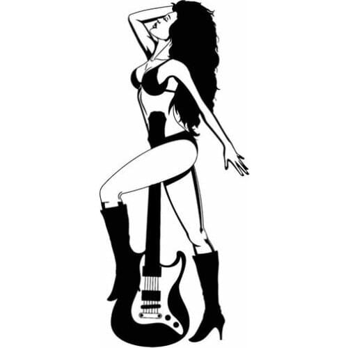 6.9CM*16CM Sexy Rock Woman Girl Guitar Music Vinyl Black/Silver Car Sticker