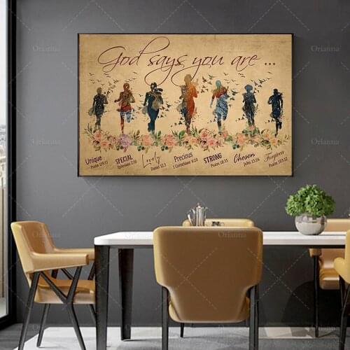 God Says You Are Unique Special Lovely Precious Strong Chosen Forgiven, Running Woman Horizontal Poster Wall Art Prints Canvas